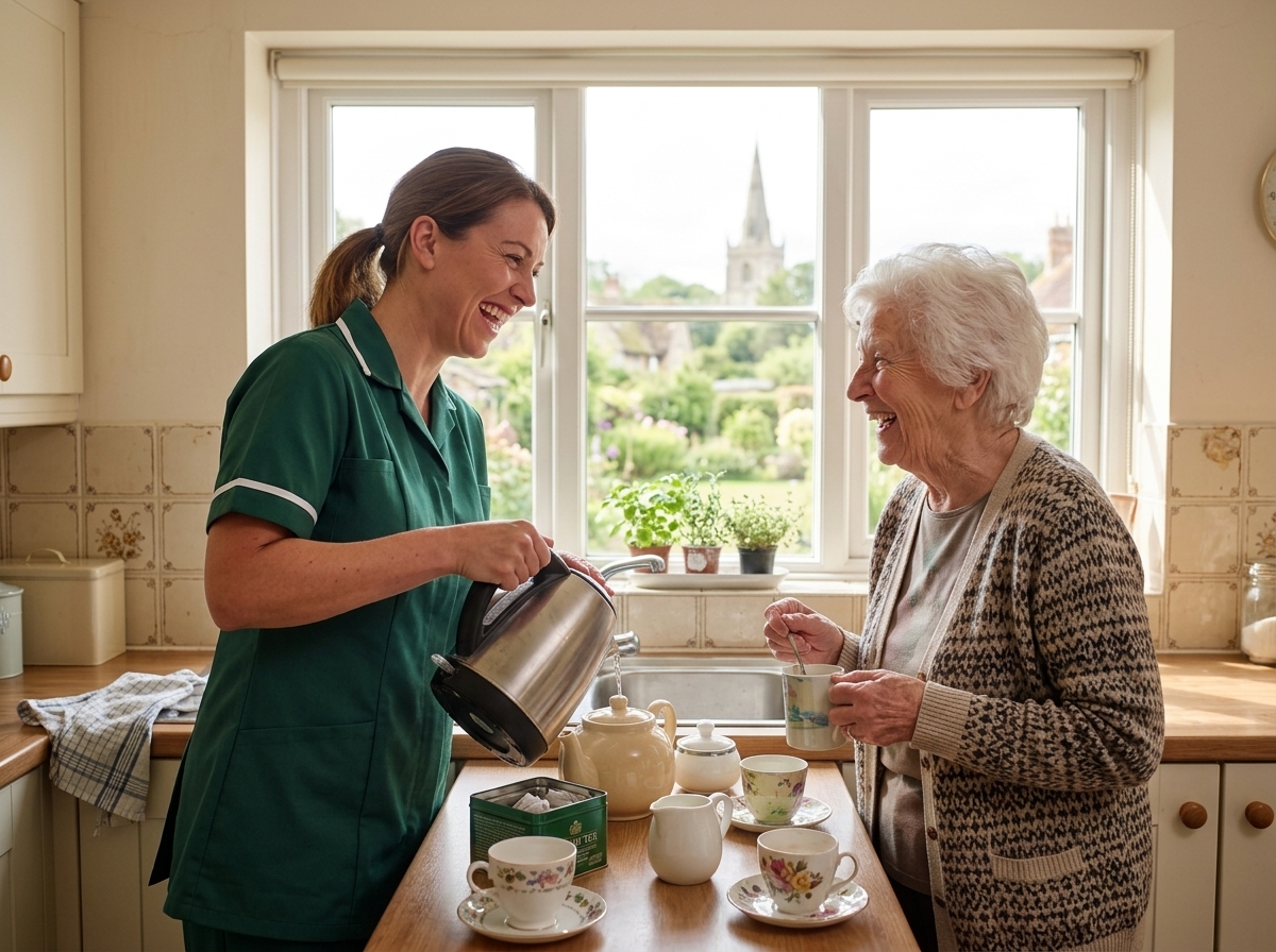 Domiciliary care in Helions Bumpstead: carer helping an older man with breakfast at home