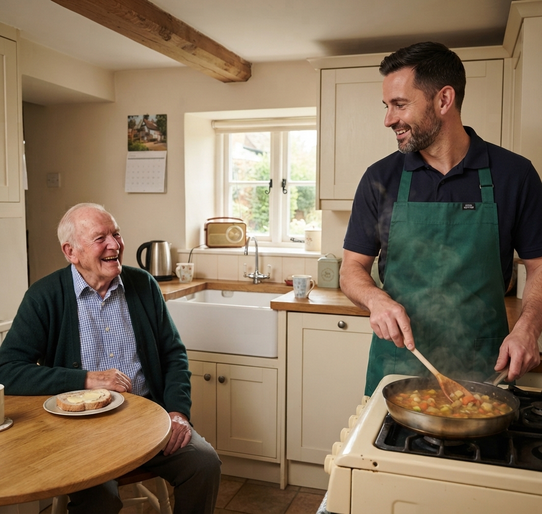 Domiciliary care in Steeple Bumpstead: carer preparing lunch with an older man