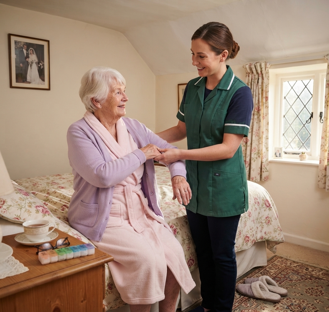 Domiciliary care in Sturmer: carer helping an older woman with her morning routine