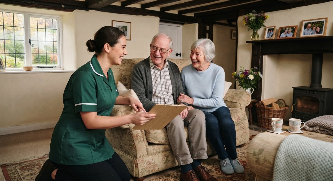 Home care in Essex: carer supporting an older couple at home near Haverhill