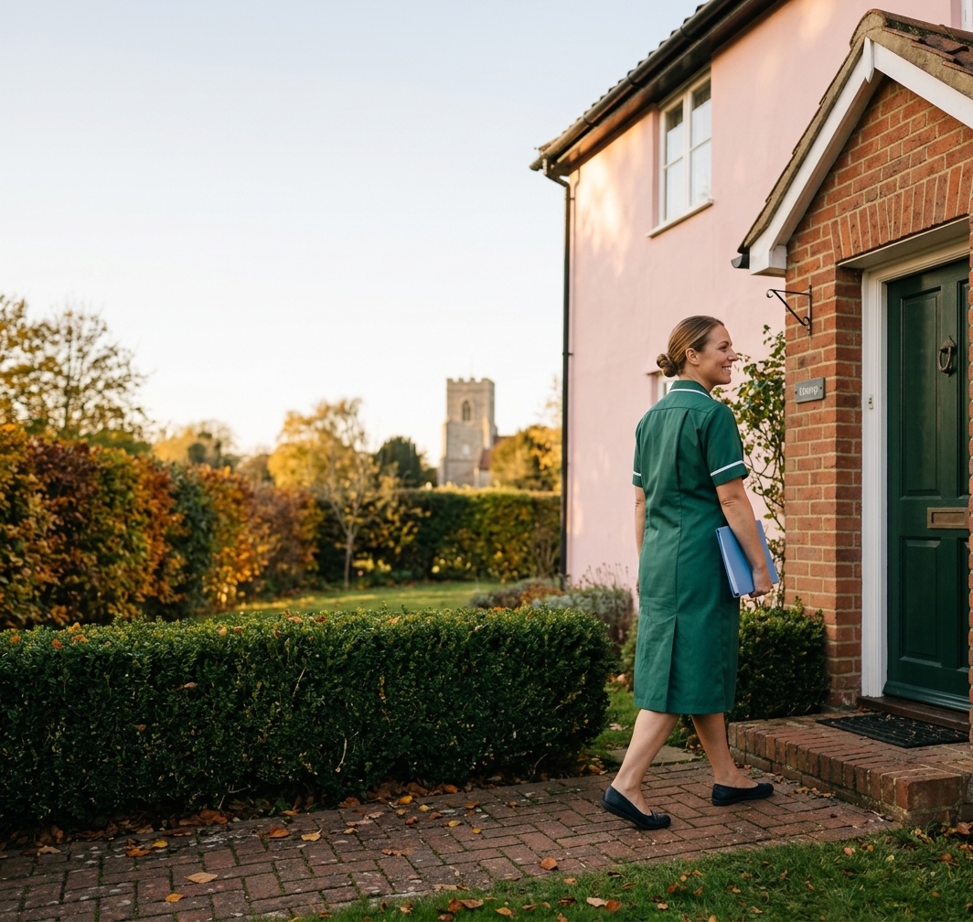 Home care in Denston: carer walking with an older woman past St Nicholas Church