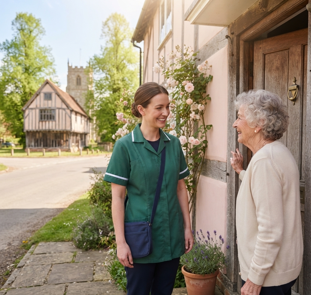 Home care in Steeple Bumpstead: carer arriving at an older woman's village home