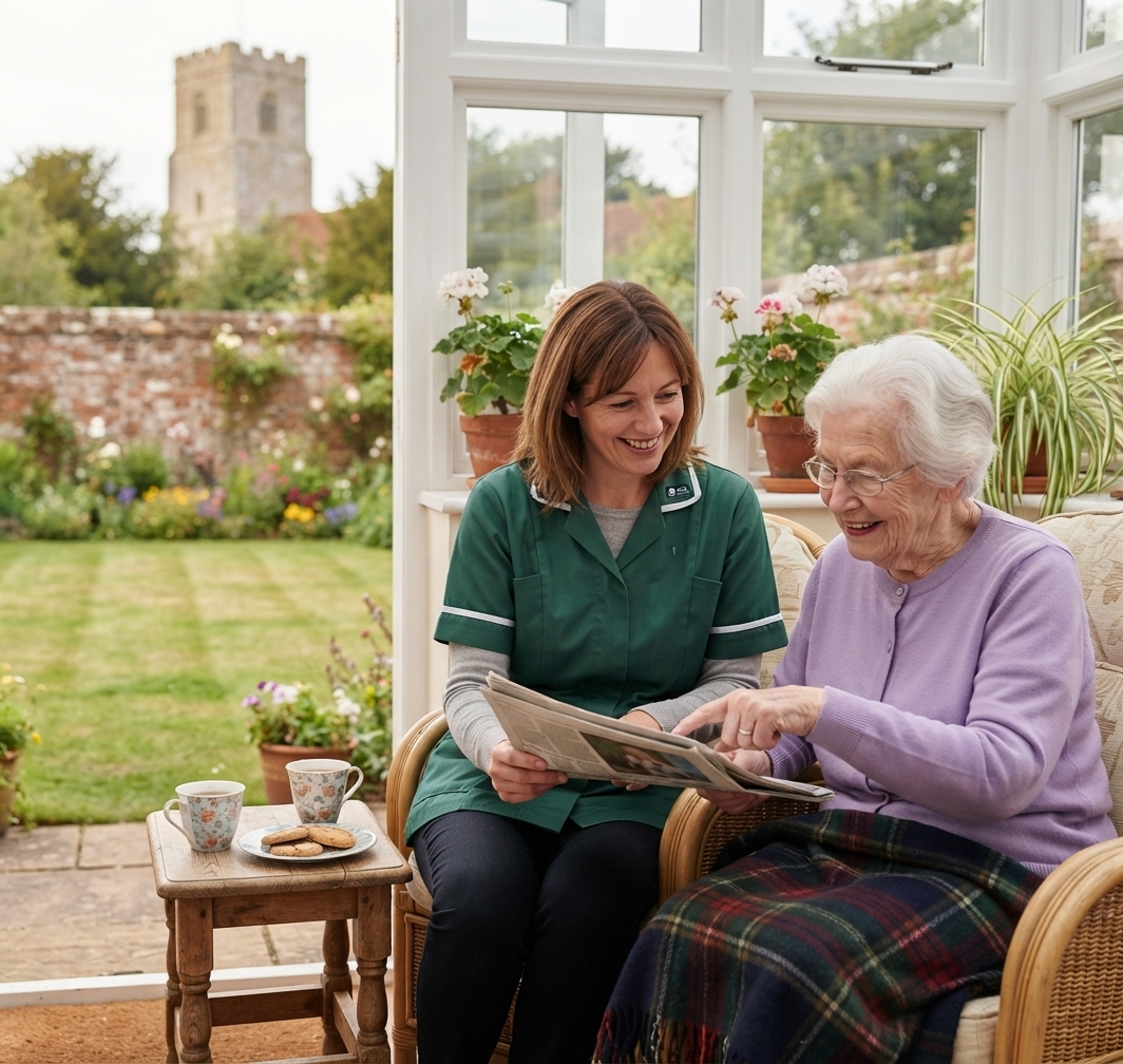 Live-in care in Steeple Bumpstead: carer and older woman reading together at home