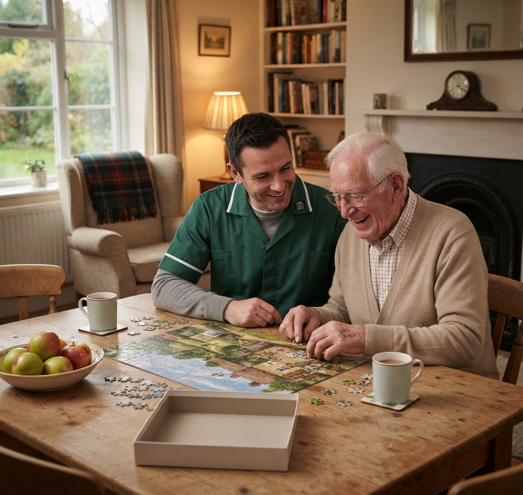 Live-in care in Sturmer: carer and older man doing a jigsaw together at home